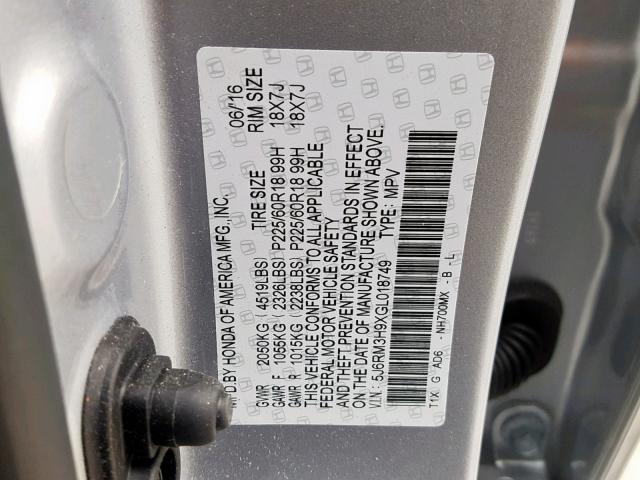 5J6RM3H9XGL018749 - 2016 HONDA CR-V TOURI SILVER photo 10