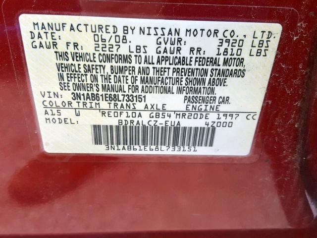 3N1AB61E68L733151 - 2008 NISSAN SENTRA 2.0 RED photo 10