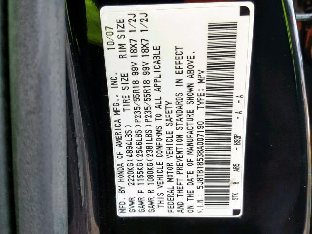 5J8TB18538A007190 - 2008 ACURA RDX TECHNO BLACK photo 10