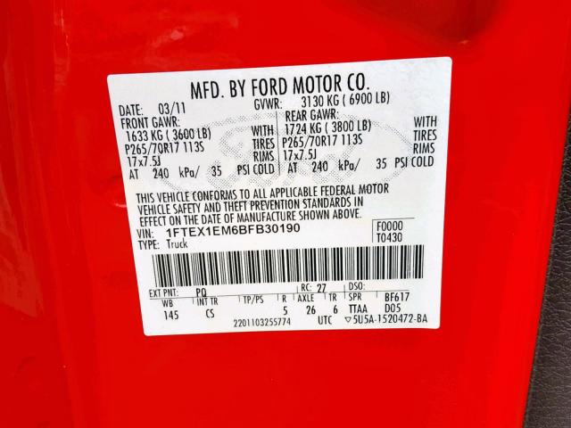 1FTEX1EM6BFB30190 - 2011 FORD F150 SUPER RED photo 10