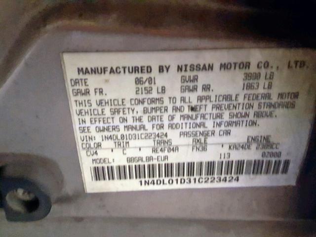 1N4DL01D31C223424 - 2001 NISSAN ALTIMA XE TAN photo 10