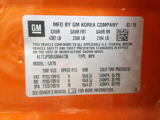 KL7CJPSBXGB664738 - 2016 CHEVROLET TRAX 1LT ORANGE photo 10