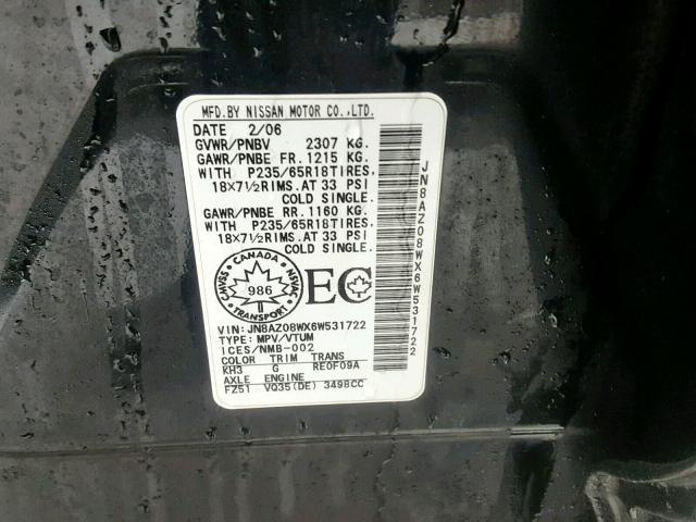 JN8AZ08WX6W531722 - 2006 NISSAN MURANO SL Qara foto 10