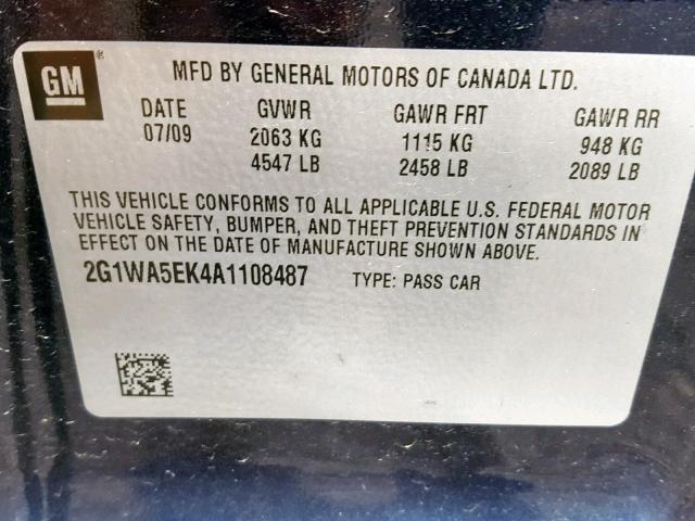 2G1WA5EK4A1108487 - 2010 CHEVROLET IMPALA LS BLUE photo 10