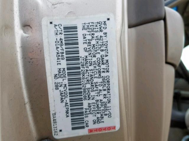 JT2BF28K610298086 - 2001 TOYOTA CAMRY LE TAN photo 10