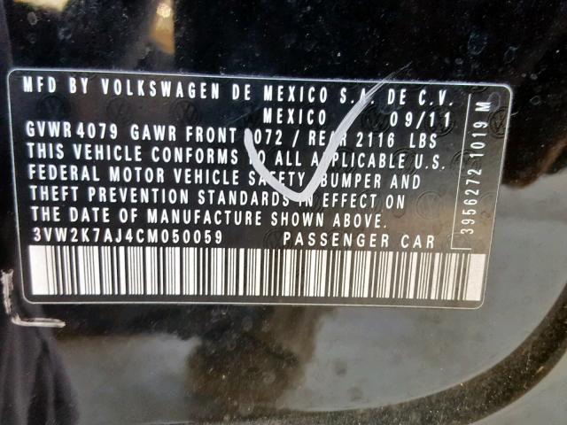 3VW2K7AJ4CM050059 - 2012 VOLKSWAGEN JETTA BASE Սև լուսանկար 10