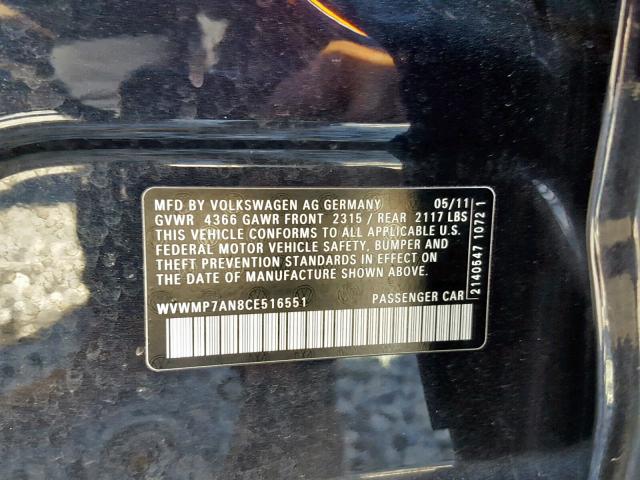 WVWMP7AN8CE516551 - 2012 VOLKSWAGEN CC SPORT 黑色 照片 10