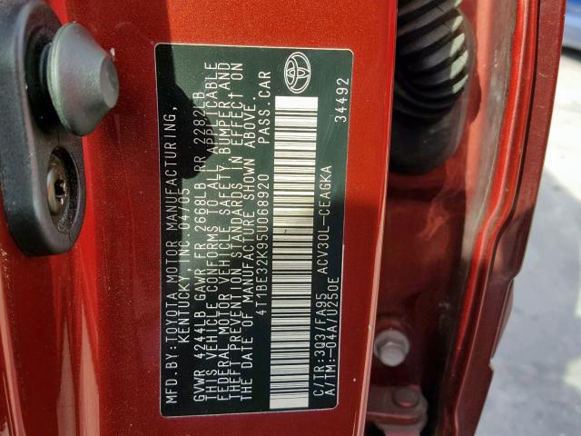 4T1BE32K95U068920 - 2005 TOYOTA CAMRY LE RED photo 10