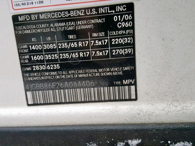 4JGBB86E26A084406 - 2006 MERCEDES-BENZ ML 350 WHITE photo 10