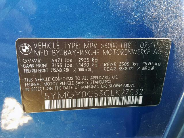 5YMGY0C53CLK27532 - 2012 BMW X5 M BLUE photo 10