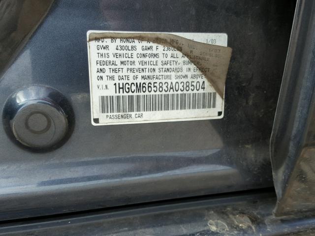 1HGCM66583A038504 - 2003 HONDA ACCORD GRAY photo 10