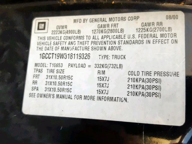 1GCCT19W318119326 - 2001 CHEVROLET S TRUCK S1 BLACK photo 10