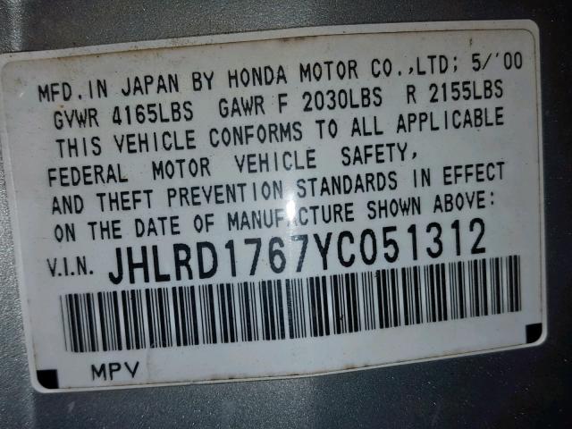 JHLRD1767YC051312 - 2000 HONDA CR-V EX SILVER photo 10