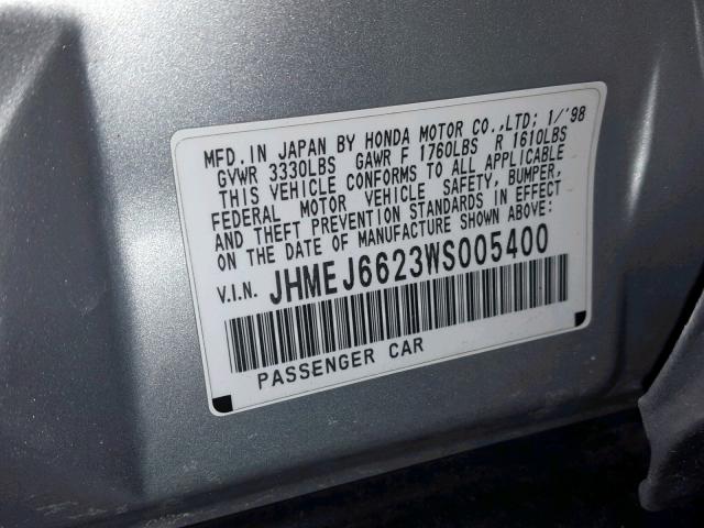 JHMEJ6623WS005400 - 1998 HONDA CIVIC DX SILVER photo 10