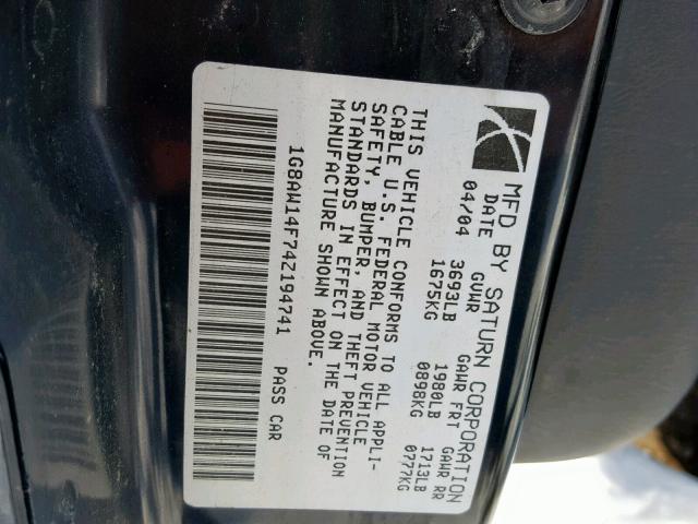 1G8AW14F74Z194741 - 2004 SATURN ION LEVEL BLACK photo 10
