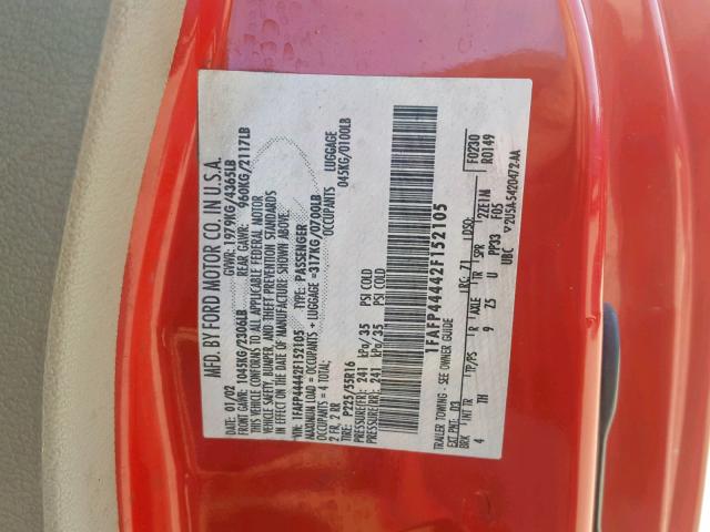 1FAFP44442F152105 - 2002 FORD MUSTANG RED photo 10