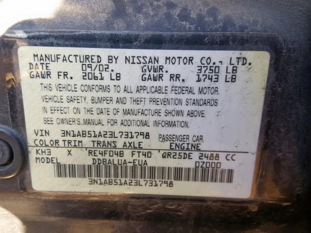 3N1AB51A23L731798 - 2003 NISSAN SENTRA SE- BLACK photo 10