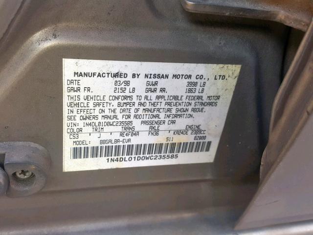 1N4DL01D0WC235585 - 1998 NISSAN ALTIMA XE BROWN photo 10