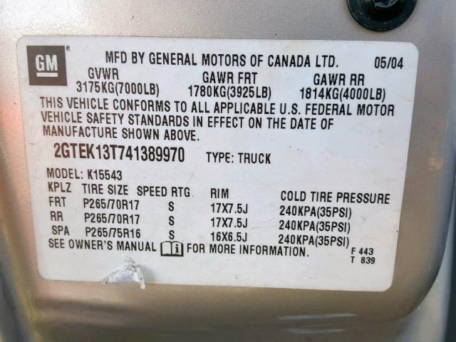 2GTEK13T741389970 - 2004 GMC NEW SIERRA TAN photo 10