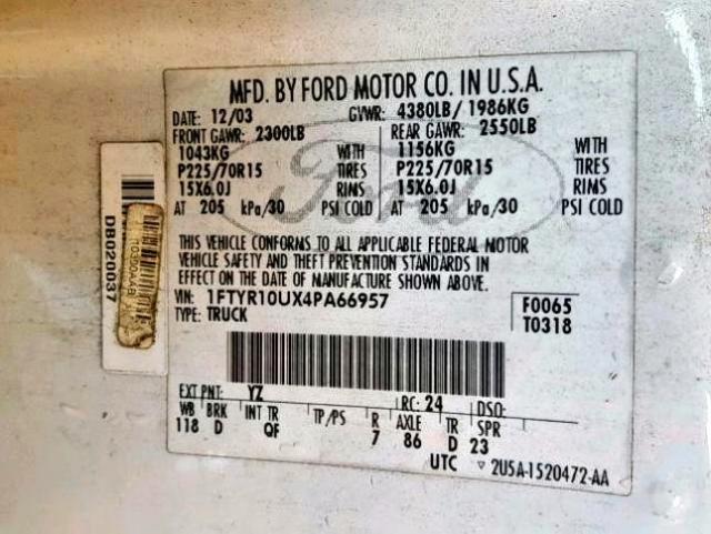 1FTYR10UX4PA66957 - 2004 FORD RANGER WHITE photo 10