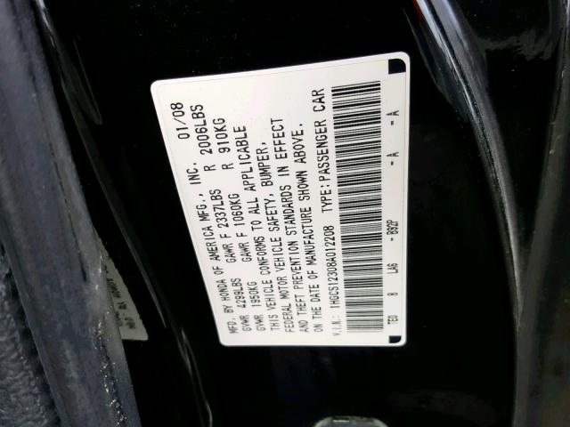 1HGCS12308A012208 - 2008 HONDA ACCORD LX- BLACK photo 10