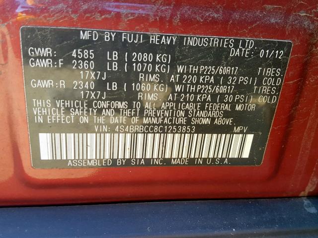 4S4BRBCC8C1253853 - 2012 SUBARU OUTBACK 2. 红色 照片 10