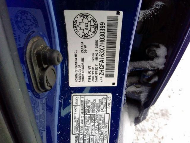 2HGFA163X7H030399 - 2007 HONDA CIVIC DX BLUE photo 9