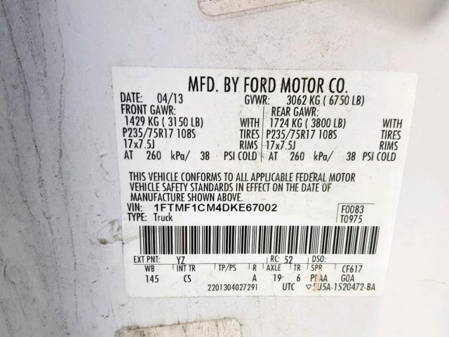 1FTMF1CM4DKE67002 - 2013 FORD F150 WHITE photo 10