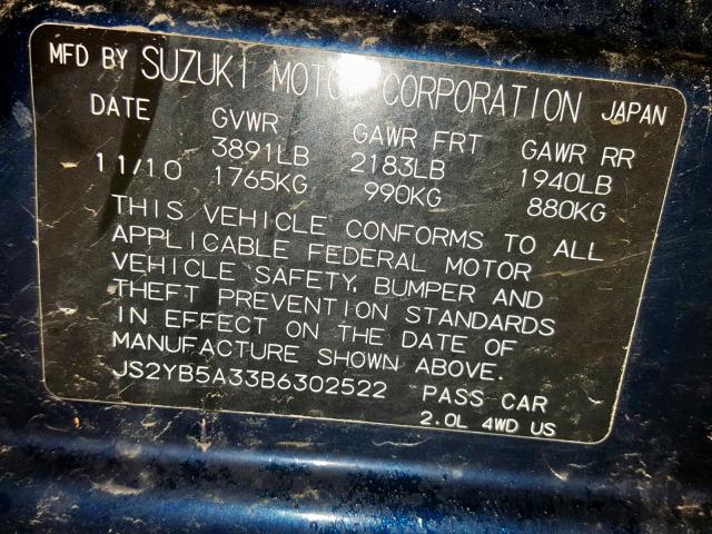 JS2YB5A33B6302522 - 2011 SUZUKI SX4 BASE BLUE photo 10