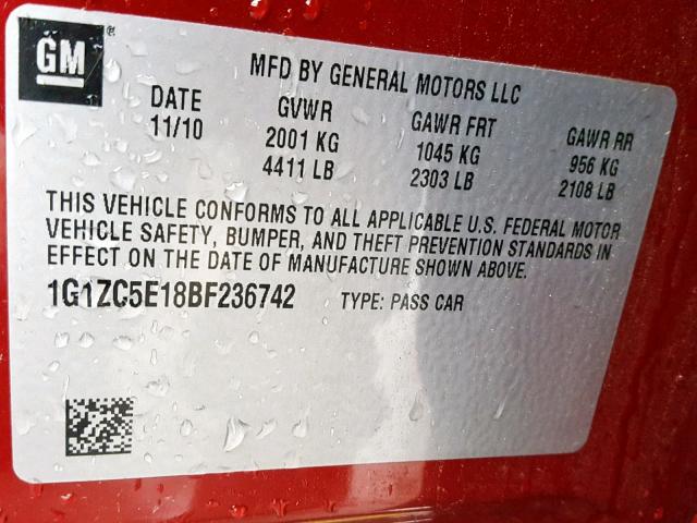 1G1ZC5E18BF236742 - 2011 CHEVROLET MALIBU 1LT 红色 照片 10