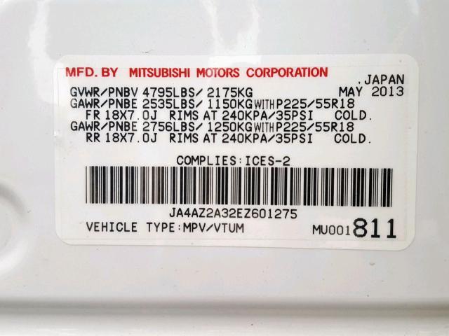 JA4AZ2A32EZ601275 - 2014 MITSUBISHI OUTLANDER WHITE photo 10