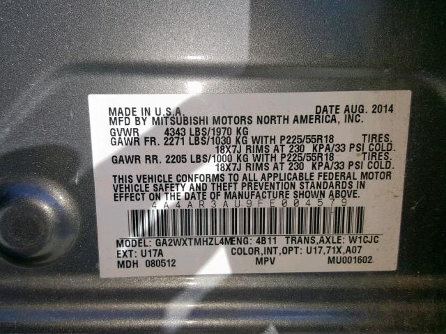 4A4AR3AU9FE004579 - 2015 MITSUBISHI OUTLANDER SILVER photo 10