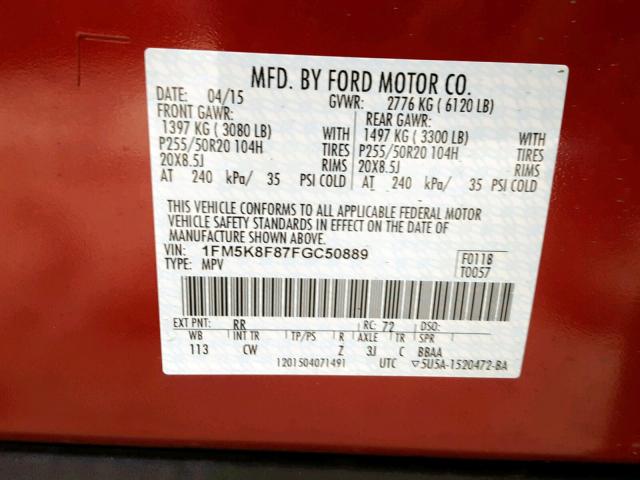 1FM5K8F87FGC50889 - 2015 FORD EXPLORER L RED photo 10