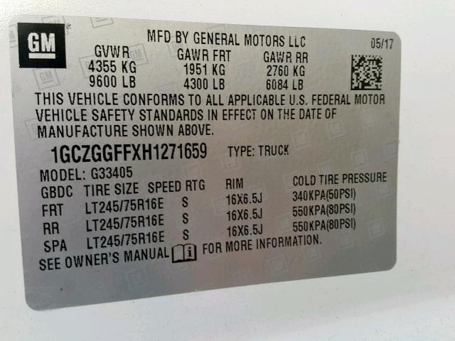 1GCZGGFFXH1271659 - 2017 CHEVROLET EXPRESS G3 WHITE photo 10