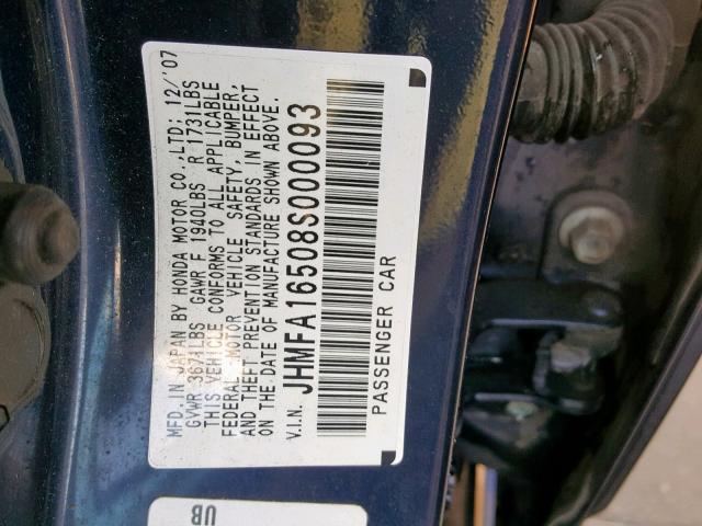 JHMFA16508S000093 - 2008 HONDA CIVIC LX BLUE photo 10