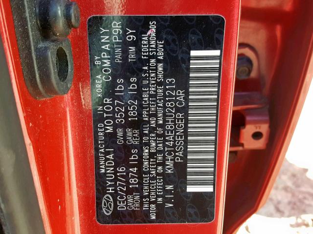 KMHCT4AE8HU281213 - 2017 HYUNDAI ACCENT SE წითელი ფოტო 10