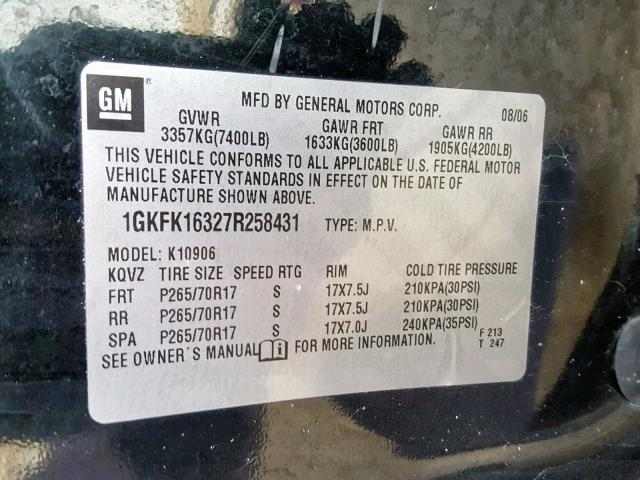 1GKFK16327R258431 - 2007 GMC YUKON XL K BLACK photo 10