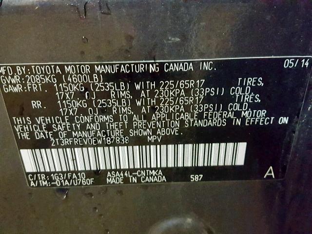 2T3RFREV0EW187838 - 2014 TOYOTA RAV4 XLE GRAY photo 10