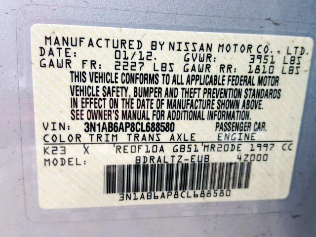 3N1AB6AP8CL688580 - 2012 NISSAN SENTRA 2.0 SILVER photo 10