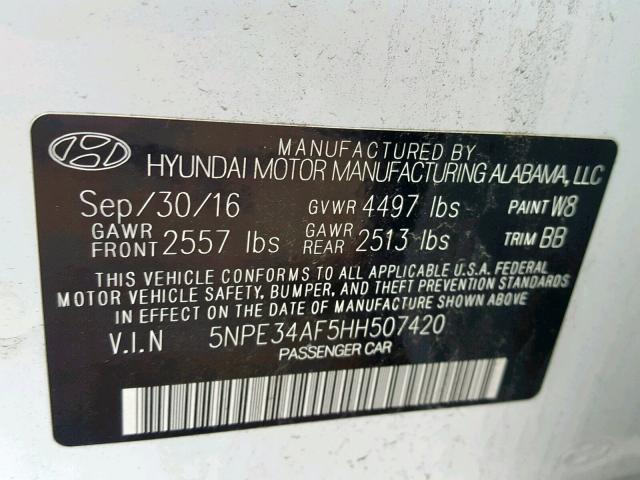 5NPE34AF5HH507420 - 2017 HYUNDAI SONATA SPO WHITE photo 10