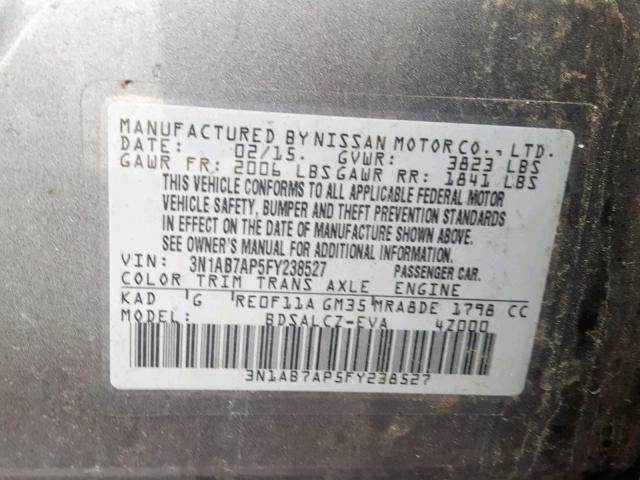 3N1AB7AP5FY238527 - 2015 NISSAN SENTRA S 灰色 照片 10