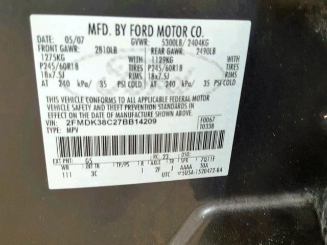 2FMDK38C27BB14209 - 2007 FORD EDGE SEL CHARCOAL photo 10