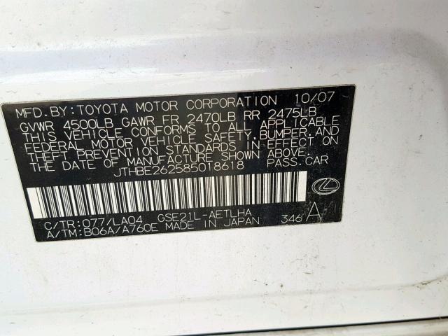 JTHBE262585018618 - 2008 LEXUS IS 350 WHITE photo 10