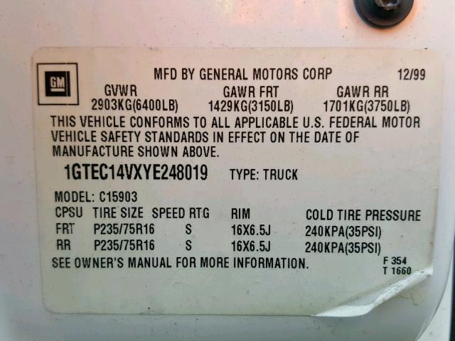 1GTEC14VXYE248019 - 2000 GMC NEW SIERRA WHITE photo 10