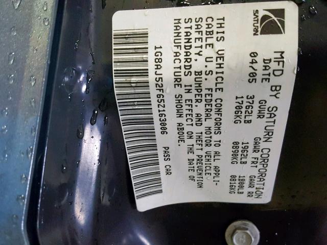 1G8AJ52F65Z163006 - 2005 SATURN ION LEVEL GRAY photo 10