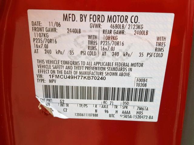 1FMCU49H77KB70240 - 2007 FORD ESCAPE HEV RED photo 10