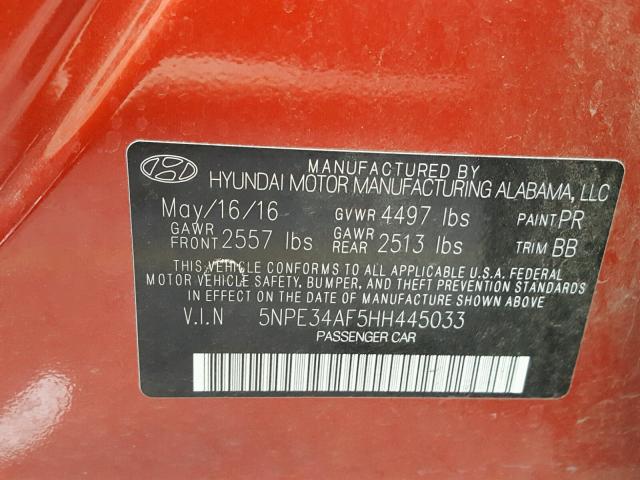 5NPE34AF5HH445033 - 2017 HYUNDAI SONATA SPO RED photo 10