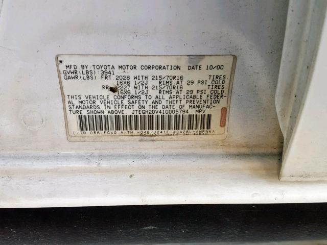 JTEGH20V410005794 - 2001 TOYOTA RAV4 WHITE photo 10