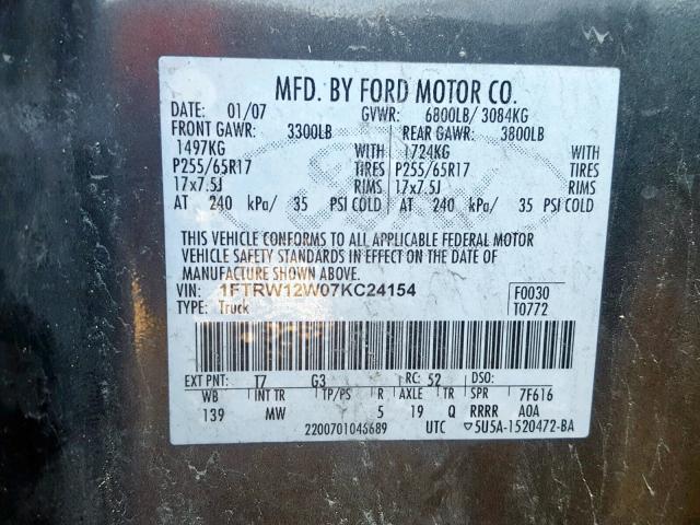 1FTRW12W07KC24154 - 2007 FORD F150 SUPER BROWN photo 10