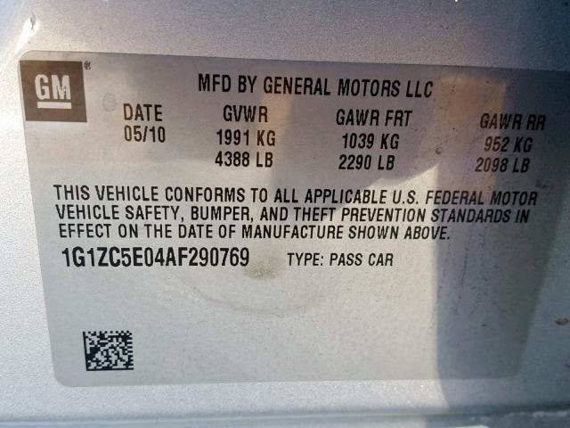 1G1ZC5E04AF290769 - 2010 CHEVROLET MALIBU 1LT 银色 照片 10